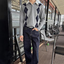 Classic Preppy Style Versatile Diamond Weave Polo Neck Knit Sweater