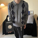 Classic Preppy Style Versatile Diamond Weave Polo Neck Knit Sweater