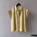 High-end Linen Blue Short Sleeve Shirt Women's  Style Commuter Wear Blouse Flutter Sleeve Cotton Linen Top Premium Feel
