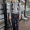 Classic Preppy Style Versatile Diamond Weave Polo Neck Knit Sweater
