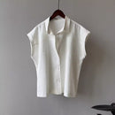 High-end Linen Blue Short Sleeve Shirt Women's  Style Commuter Wear Blouse Flutter Sleeve Cotton Linen Top Premium Feel