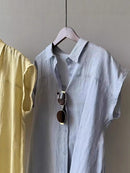High-end Linen Blue Short Sleeve Shirt Women's  Style Commuter Wear Blouse Flutter Sleeve Cotton Linen Top Premium Feel