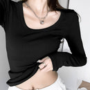 High-Elastic Premium Cotton U-Neck Long Sleeve Fitted Top for Women