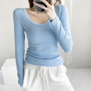 High-Elastic Premium Cotton U-Neck Long Sleeve Fitted Top for Women