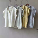 High-end Linen Blue Short Sleeve Shirt Women's  Style Commuter Wear Blouse Flutter Sleeve Cotton Linen Top Premium Feel