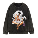 Washed retro distressed hoodie, Japanese Manica form, fifth gear, Luffy