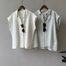 High-end Linen Blue Short Sleeve Shirt Women's  Style Commuter Wear Blouse Flutter Sleeve Cotton Linen Top Premium Feel