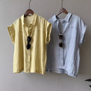 High-end Linen Blue Short Sleeve Shirt Women's  Style Commuter Wear Blouse Flutter Sleeve Cotton Linen Top Premium Feel