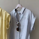 High-end Linen Blue Short Sleeve Shirt Women's  Style Commuter Wear Blouse Flutter Sleeve Cotton Linen Top Premium Feel