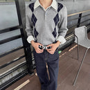 Classic Preppy Style Versatile Diamond Weave Polo Neck Knit Sweater