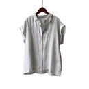 High-end Linen Blue Short Sleeve Shirt Women's  Style Commuter Wear Blouse Flutter Sleeve Cotton Linen Top Premium Feel